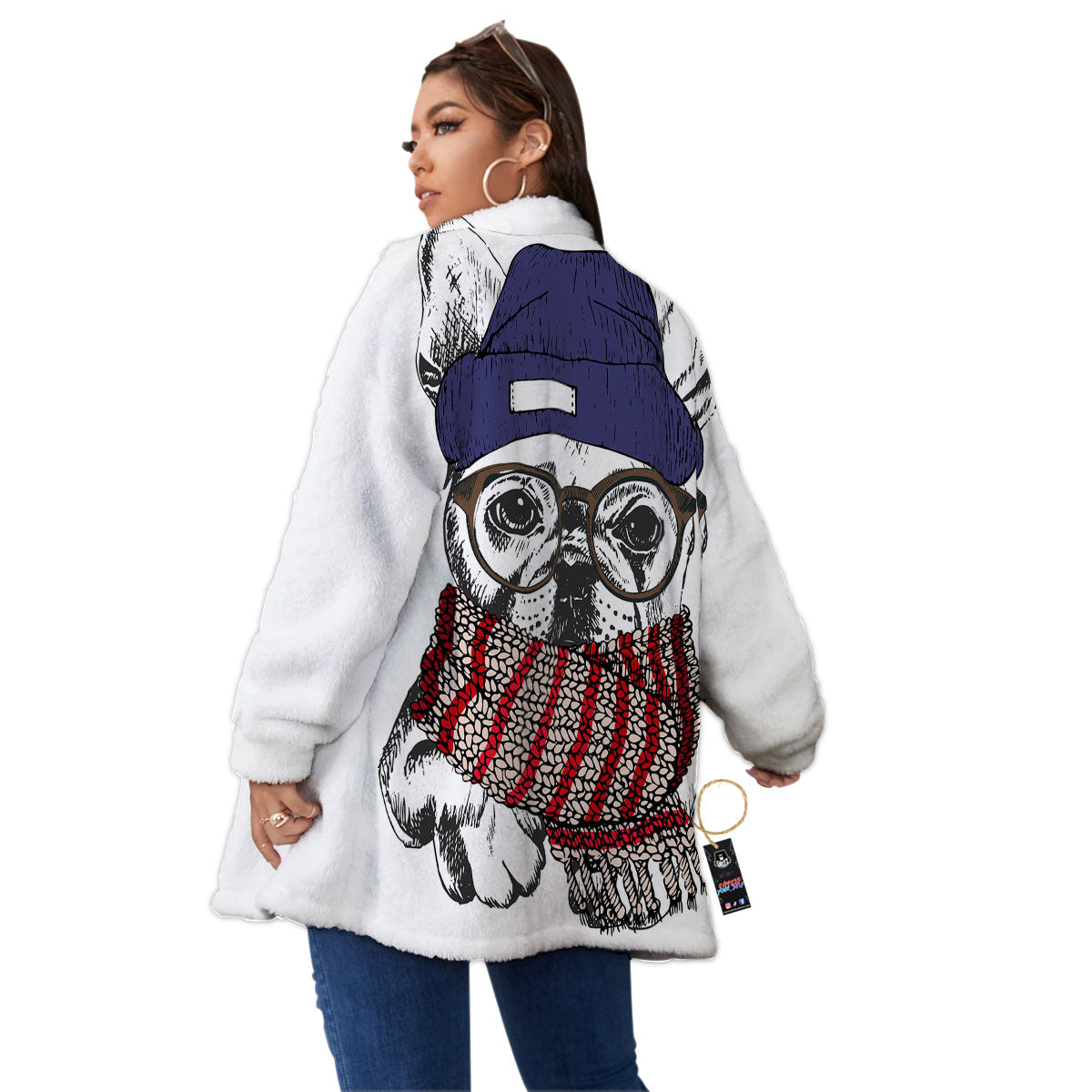French Bulldog Wearing Glasses Print Women's Sherpa Jacket-grizzshop