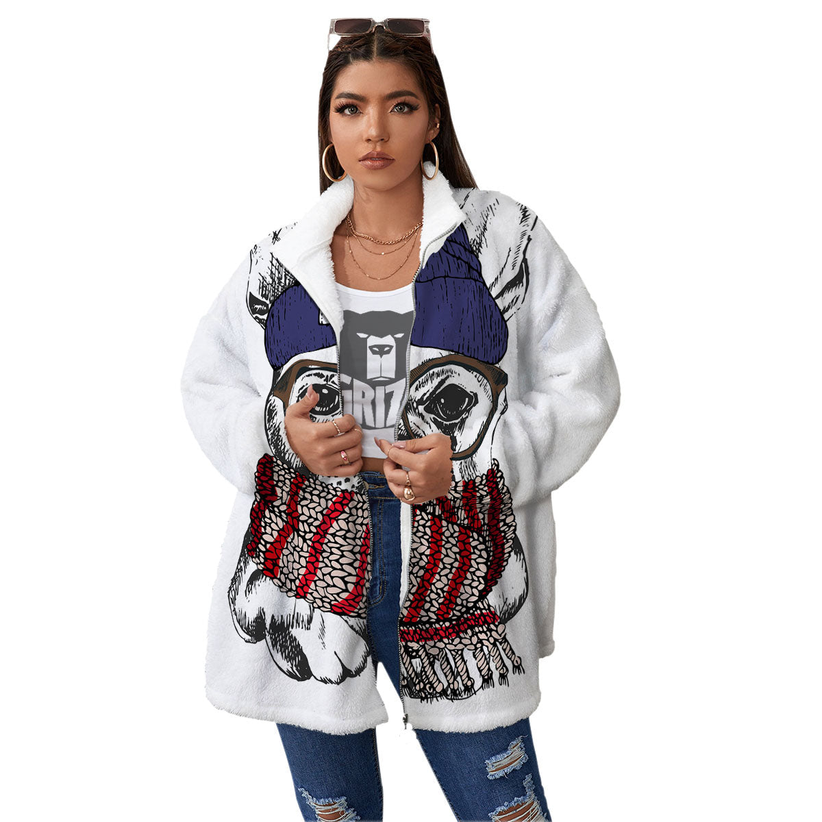 French Bulldog Wearing Glasses Print Women's Sherpa Jacket-grizzshop