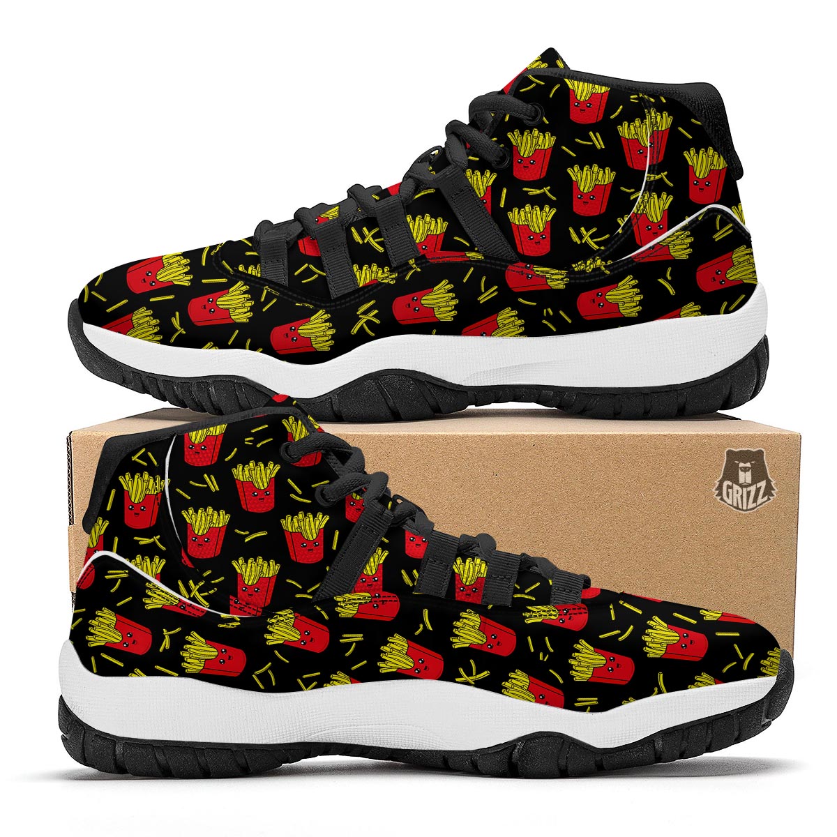 French Fries Cartoon Cute Print Pattern Black Bball Shoes-grizzshop