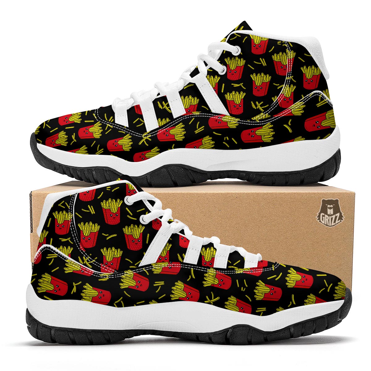 French Fries Cartoon Cute Print Pattern White Bball Shoes-grizzshop