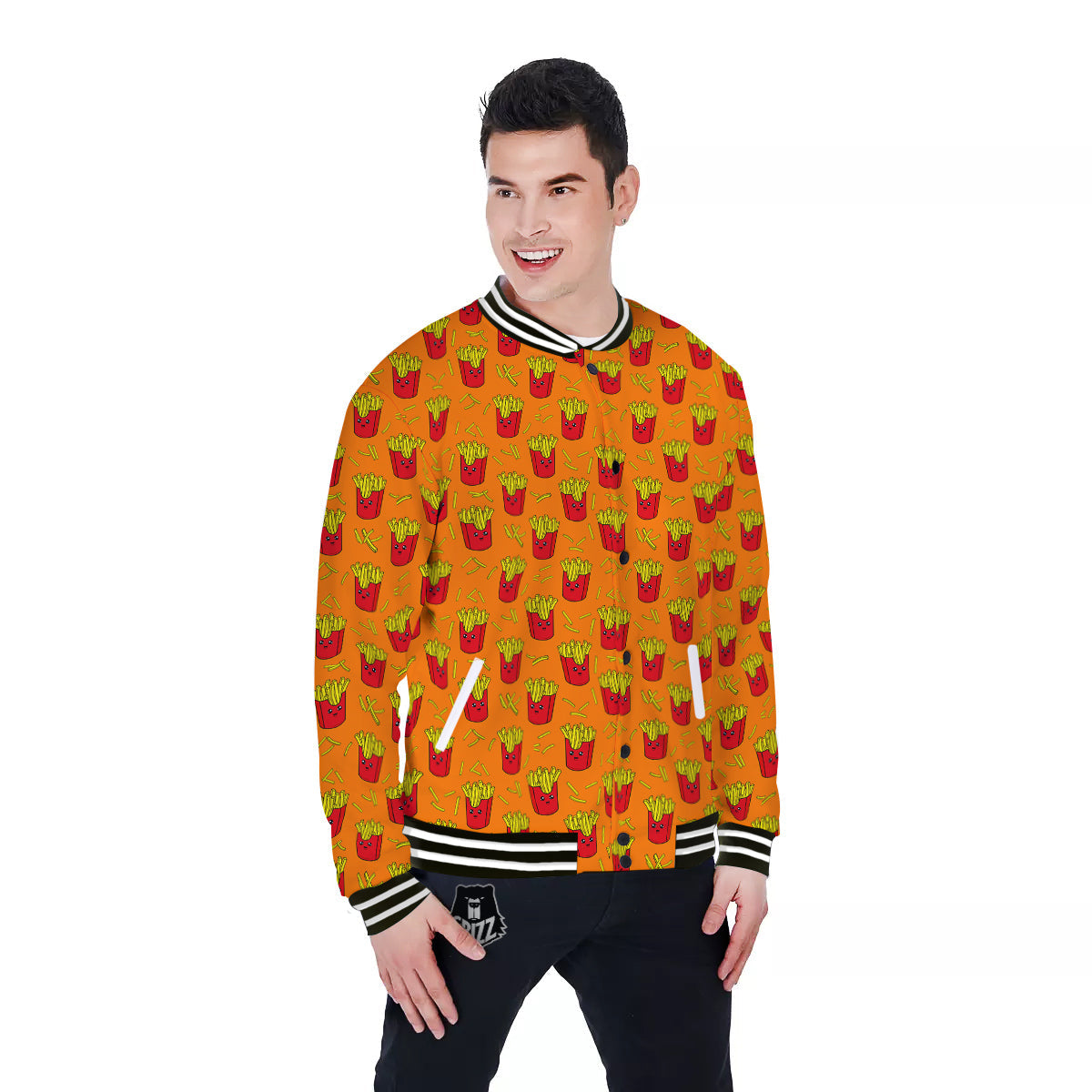 French Fries Cartoon Print Pattern Baseball Jacket-grizzshop