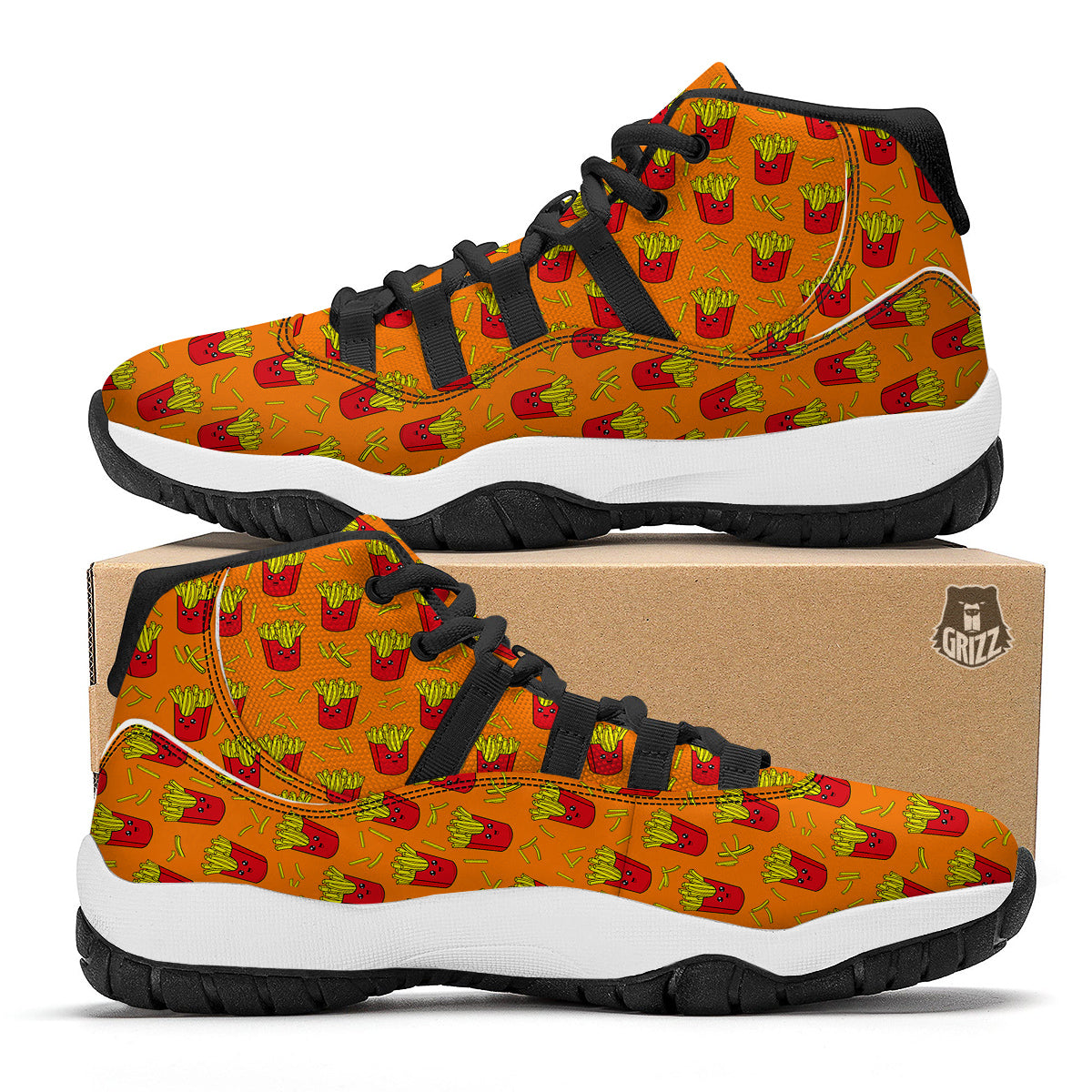 French Fries Cartoon Print Pattern Black Bball Shoes-grizzshop