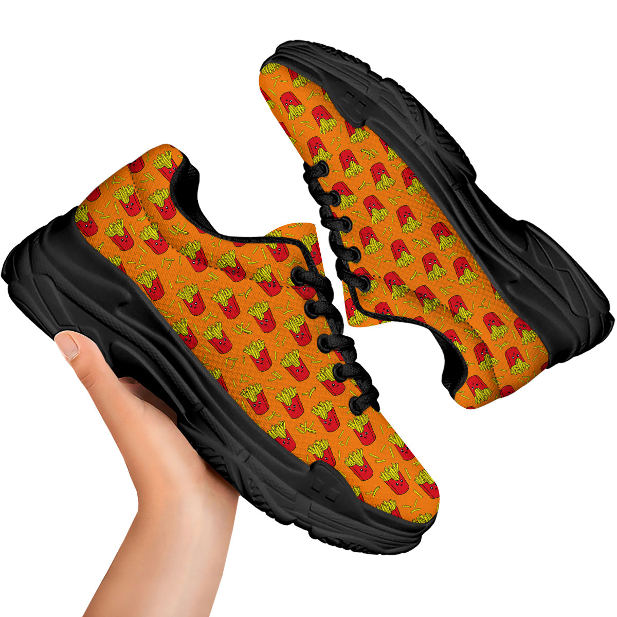 French Fries Cartoon Print Pattern Black Chunky Shoes-grizzshop