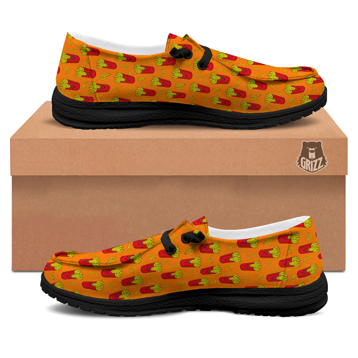 French Fries Cartoon Print Pattern Black Loafers-grizzshop