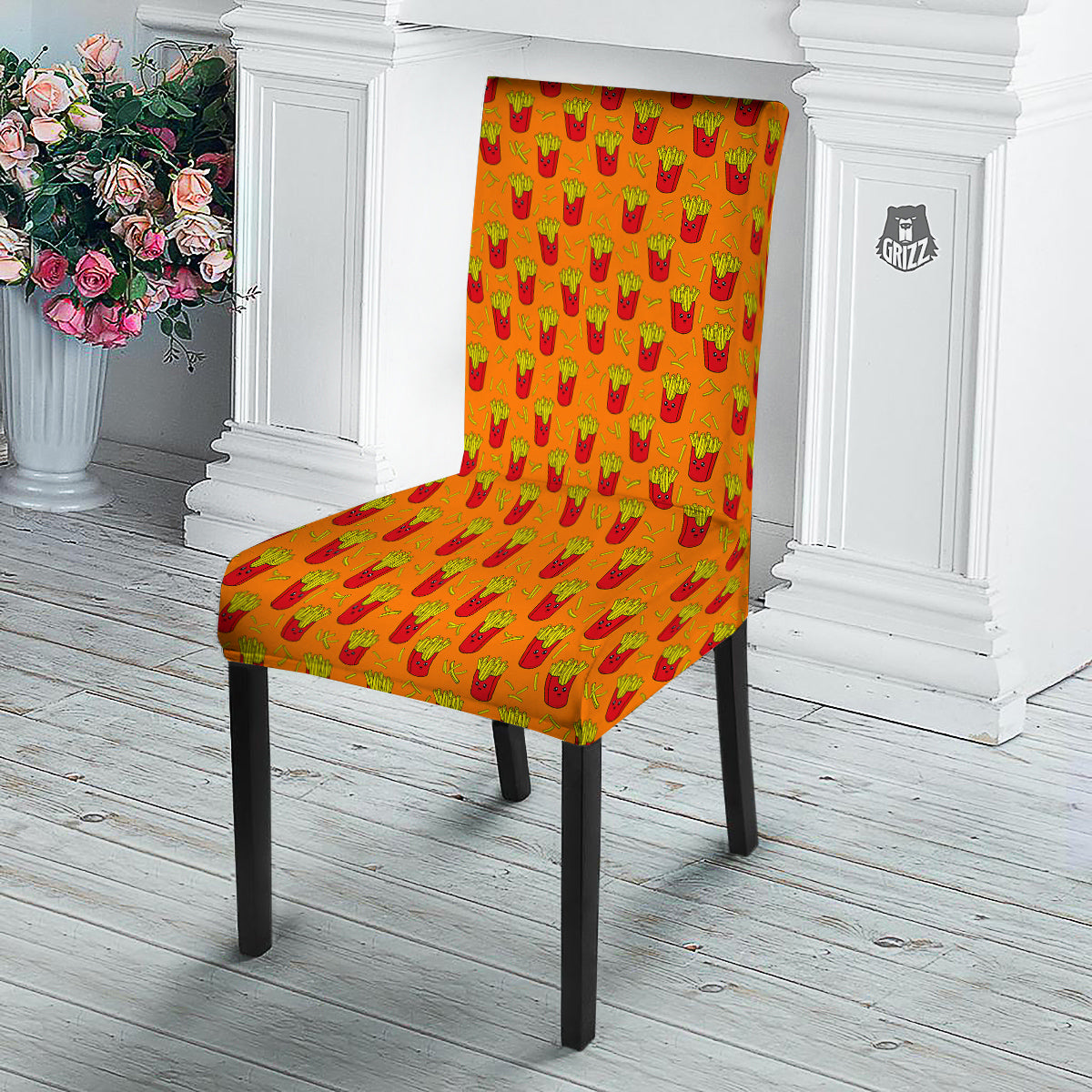 French Fries Cartoon Print Pattern Dining Chair Slipcover-grizzshop