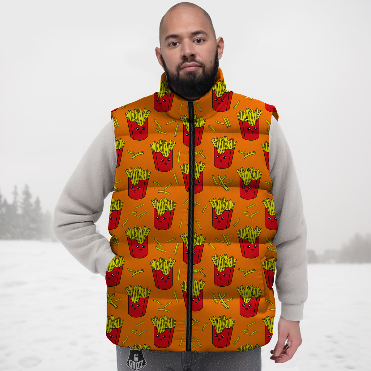 French Fries Cartoon Print Pattern Down Vest