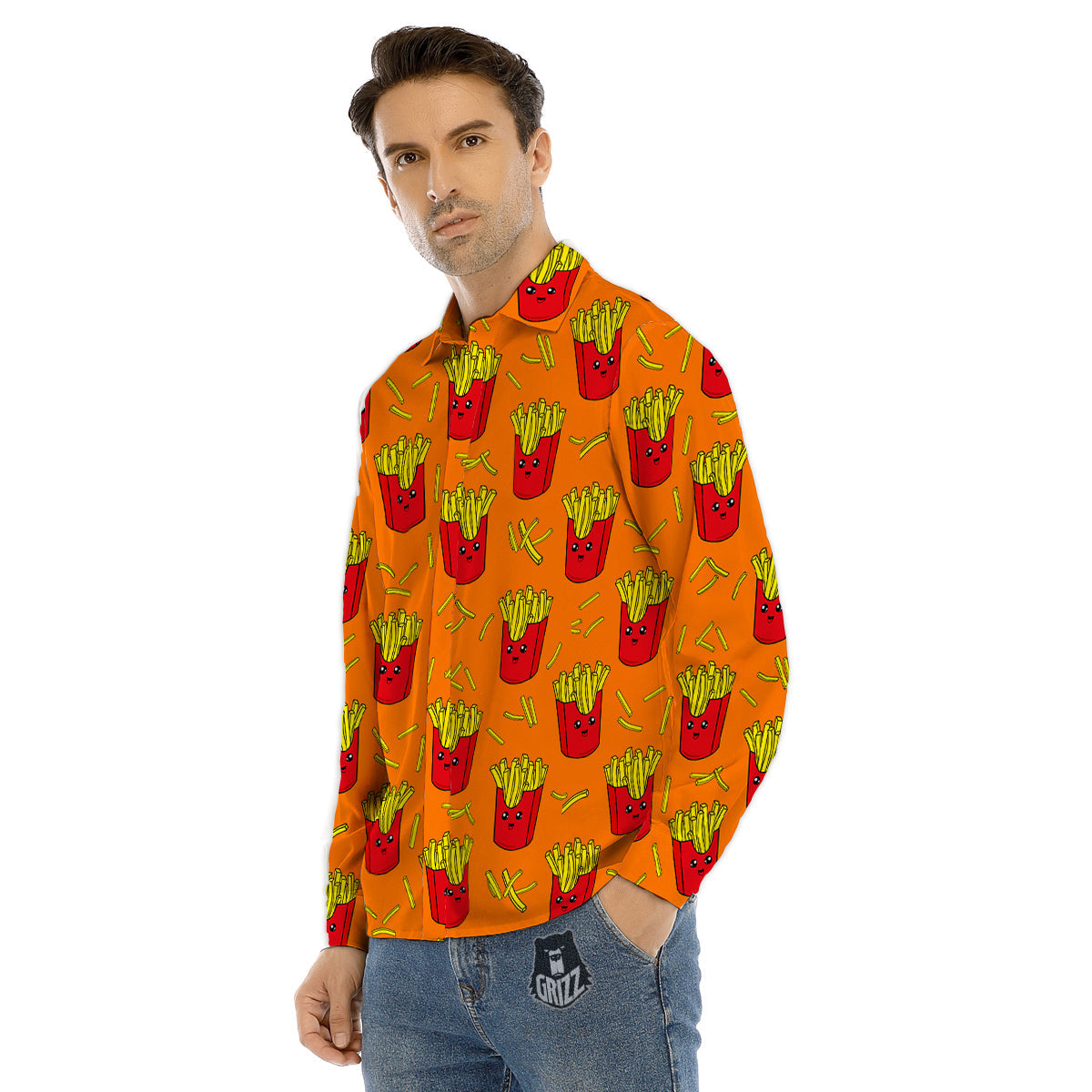 French Fries Cartoon Print Pattern Men's Dress Shirts-grizzshop