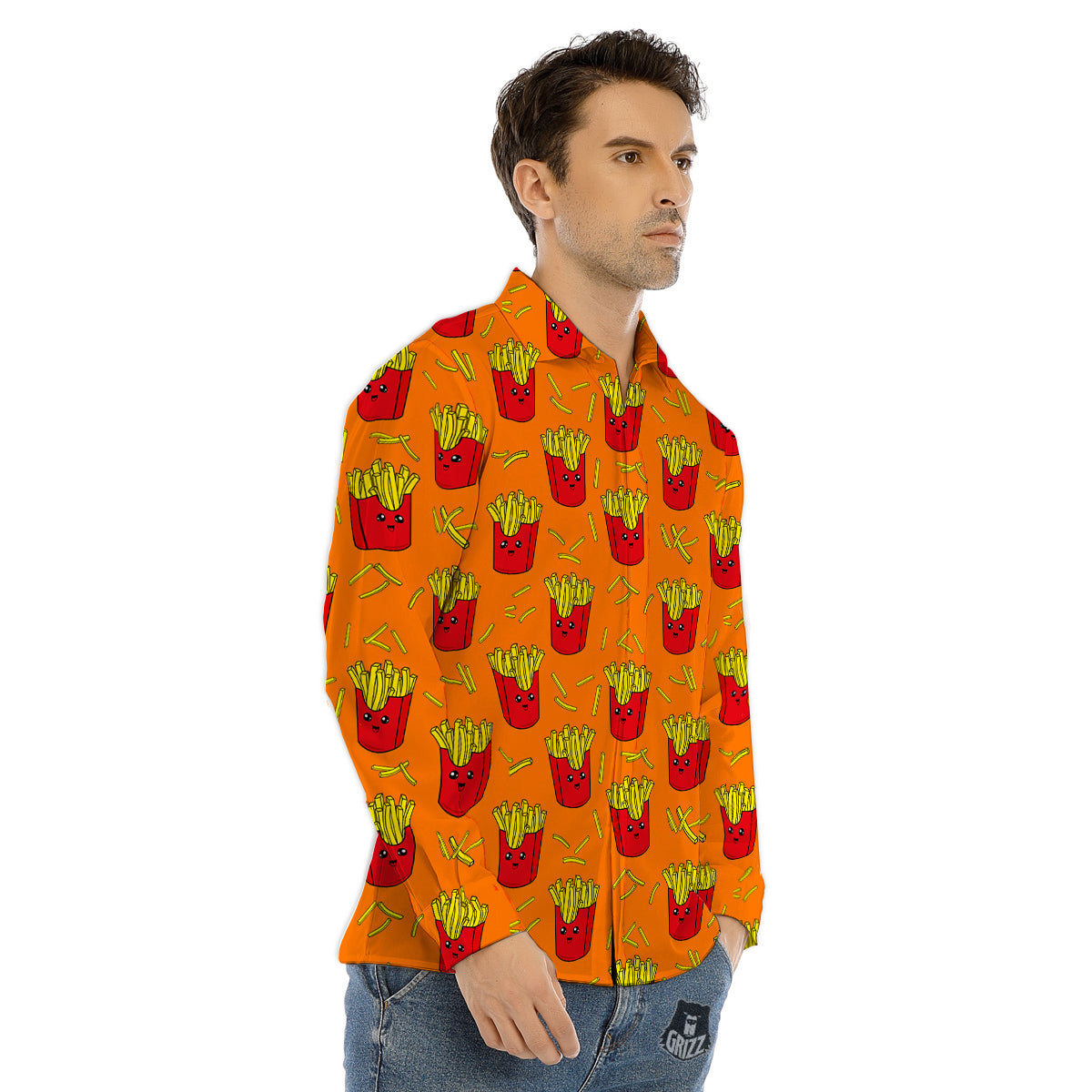 French Fries Cartoon Print Pattern Men's Dress Shirts-grizzshop