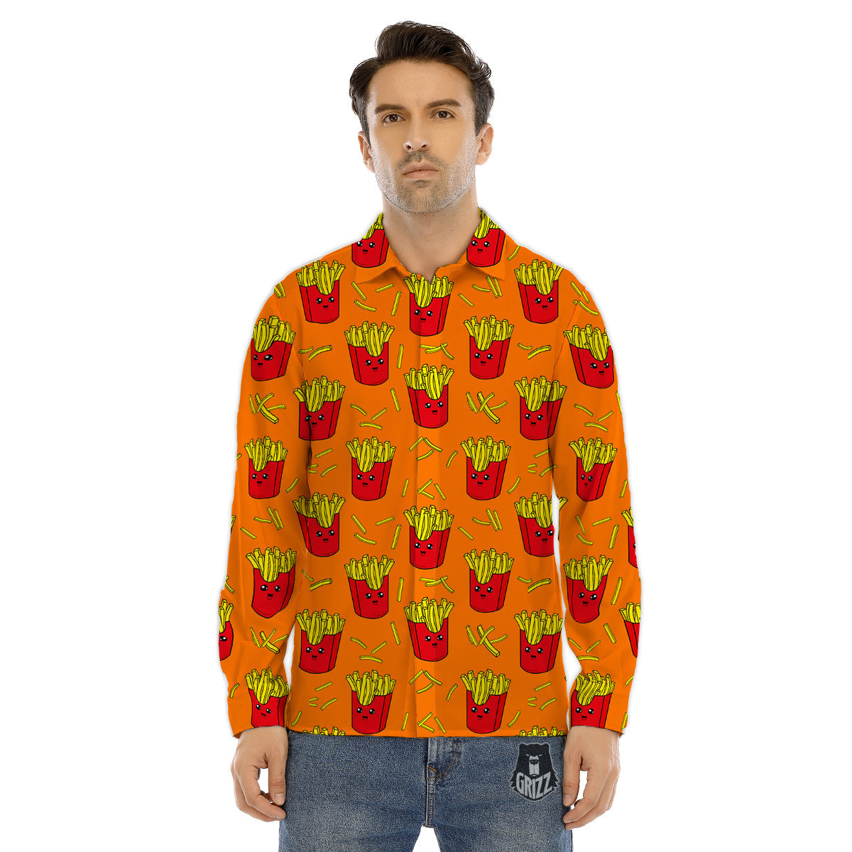 French Fries Cartoon Print Pattern Men's Dress Shirts-grizzshop