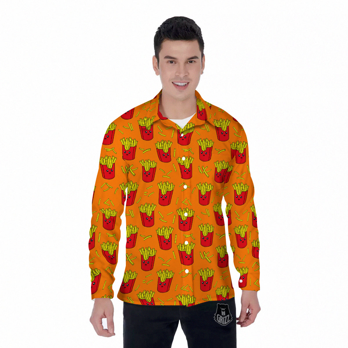 French Fries Cartoon Print Pattern Men's Long Sleeve Shirts-grizzshop