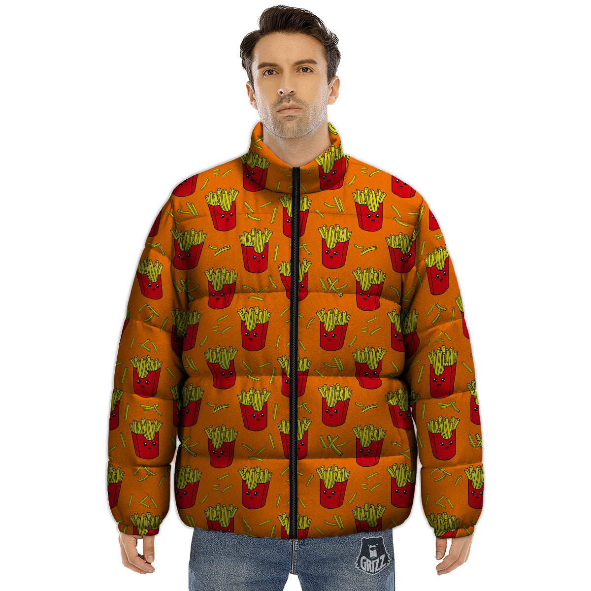 French Fries Cartoon Print Pattern Puffer Jacket-grizzshop