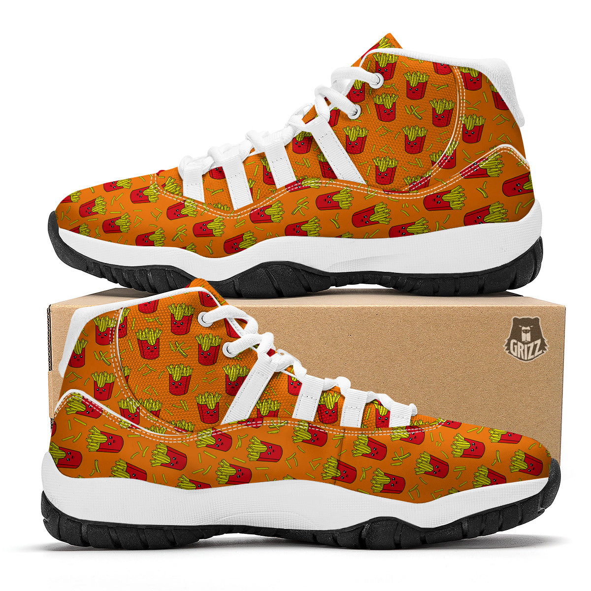 French Fries Cartoon Print Pattern White Bball Shoes-grizzshop