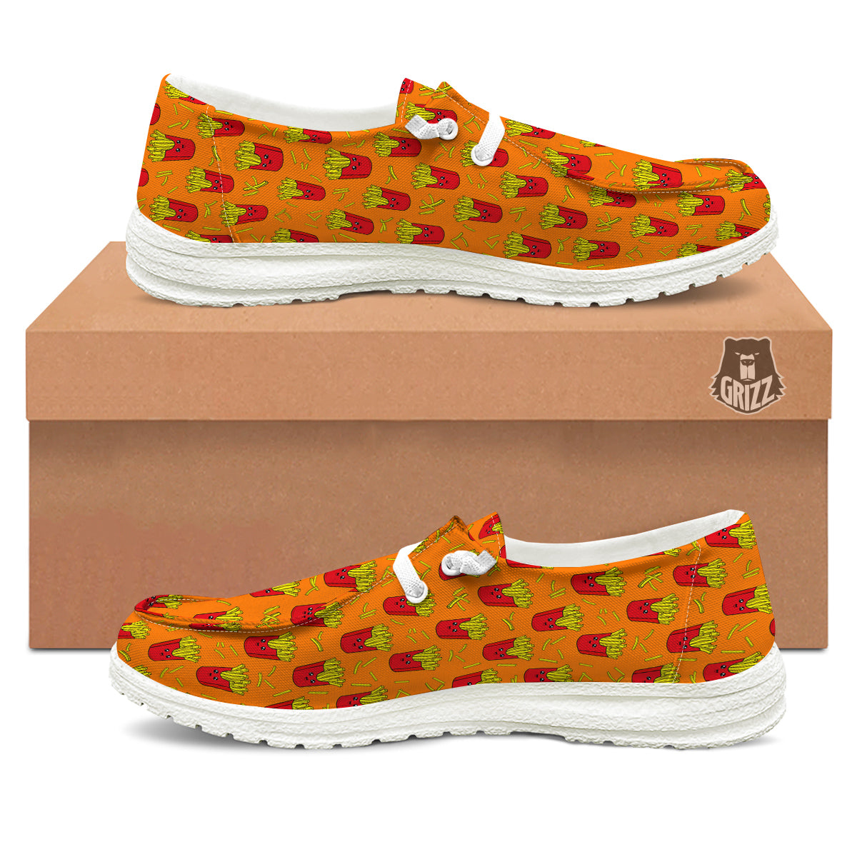 French Fries Cartoon Print Pattern White Loafers-grizzshop