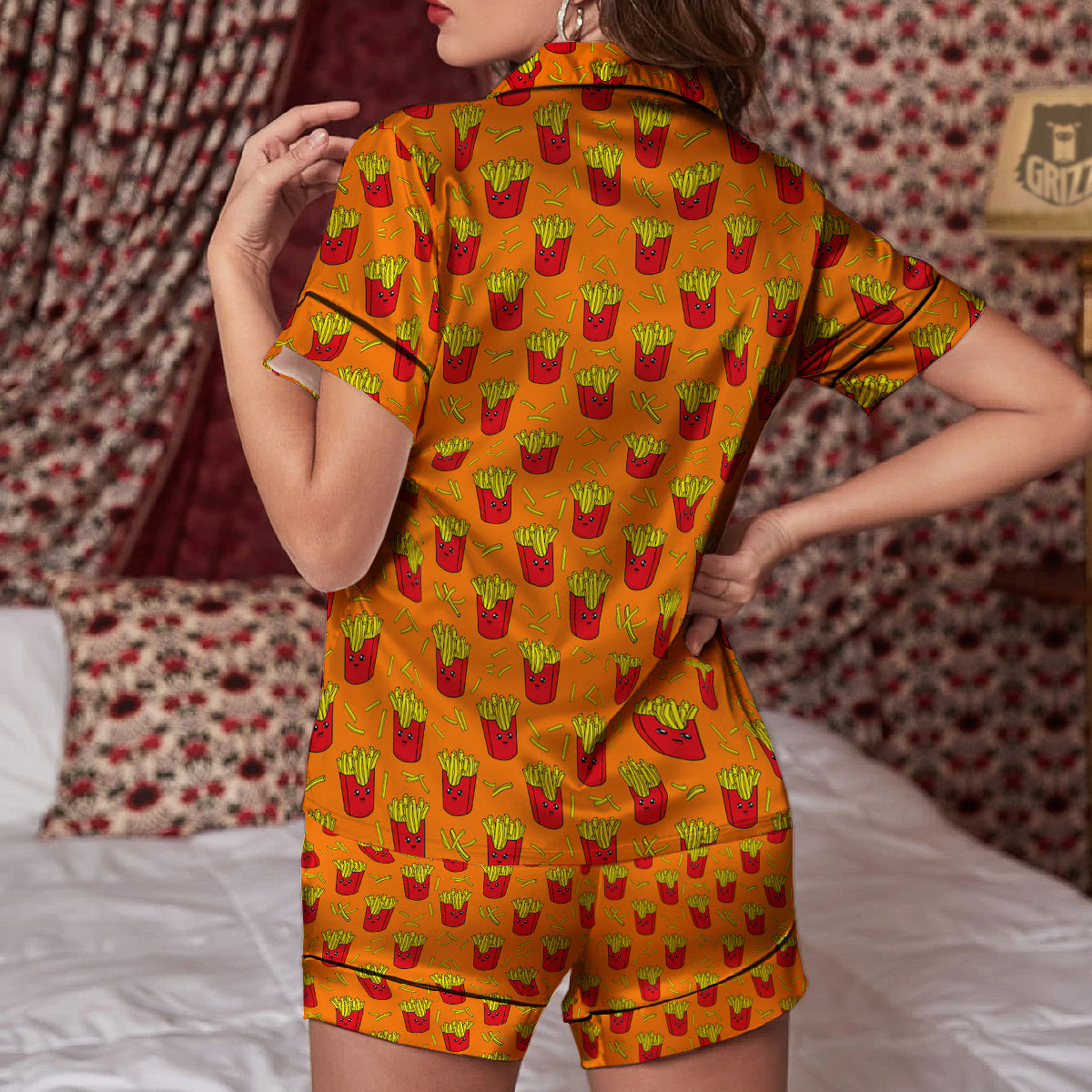 French Fries Cartoon Print Pattern Women Silk Pajamas-grizzshop