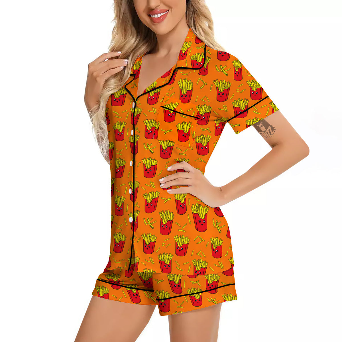 French Fries Cartoon Print Pattern Women Silk Pajamas-grizzshop