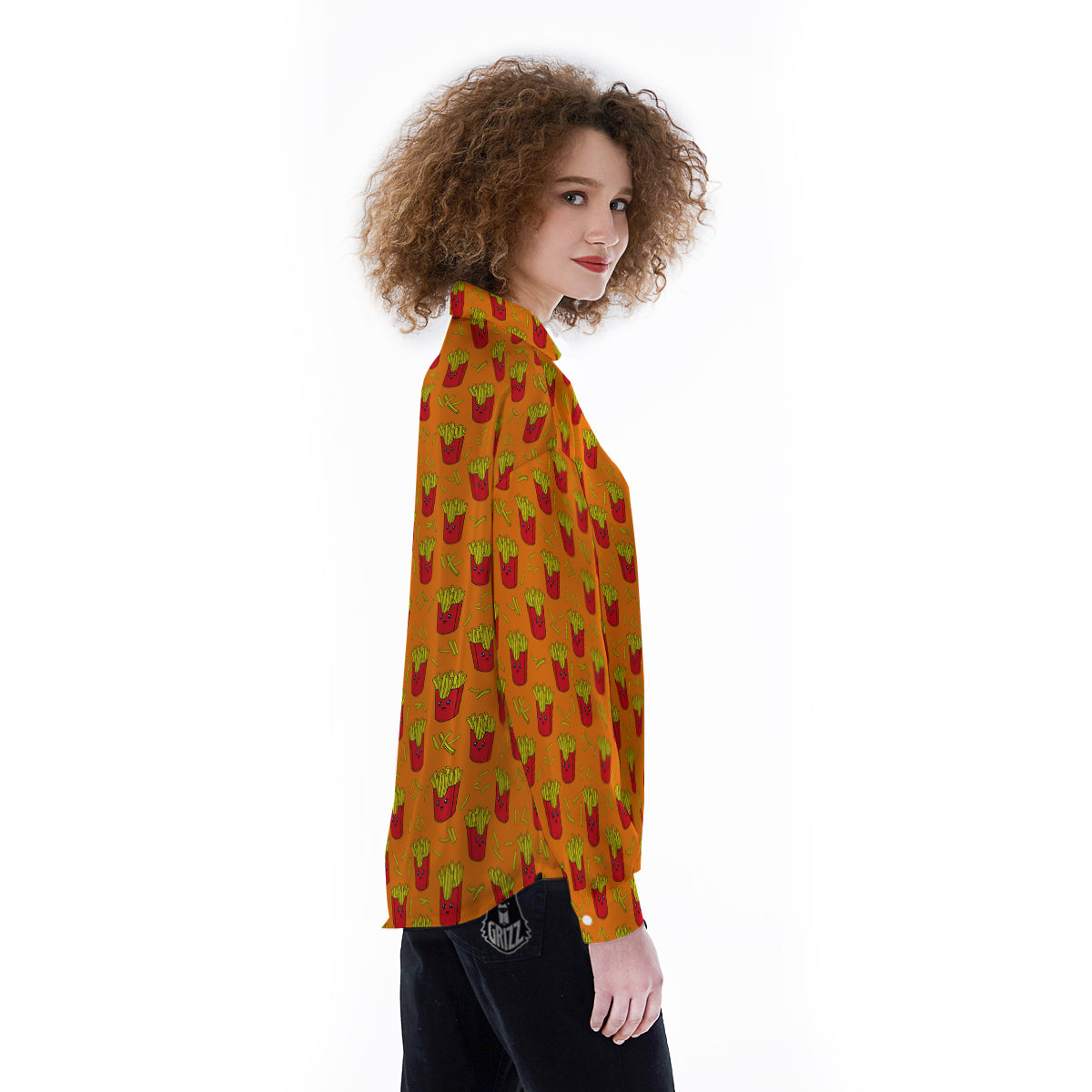 French Fries Cartoon Print Pattern Women's Long Sleeve Shirts-grizzshop