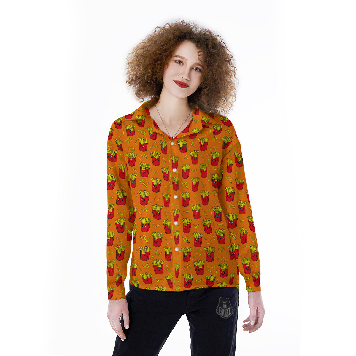 French Fries Cartoon Print Pattern Women's Long Sleeve Shirts-grizzshop