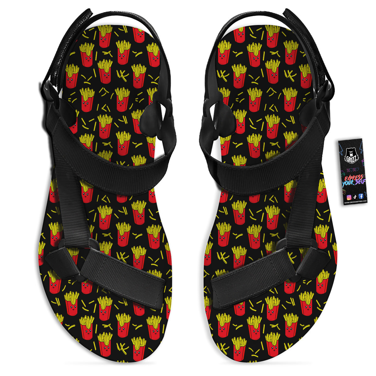 French Fries Cute Print Pattern Black Open Toe Sandals-grizzshop