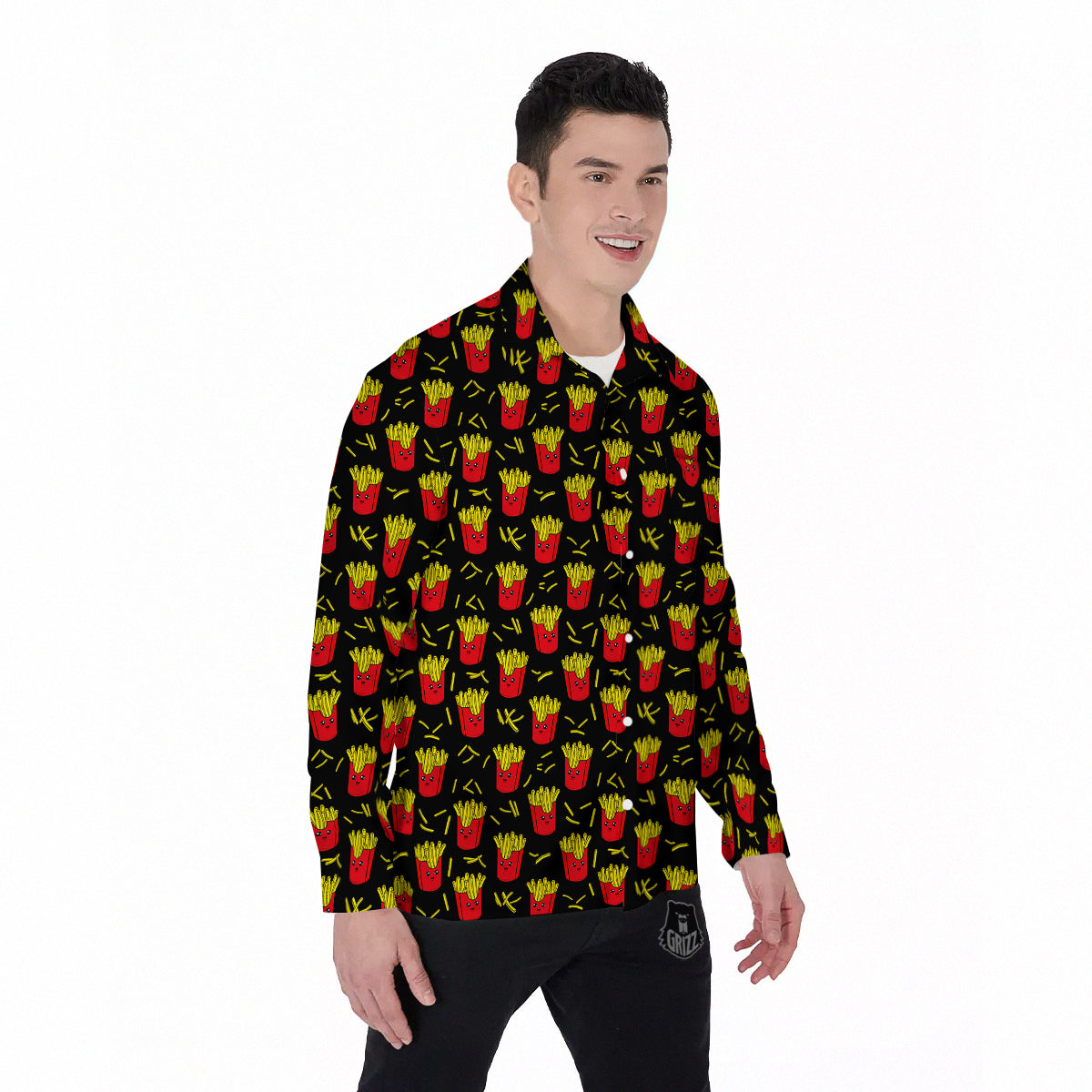 French Fries Cute Print Pattern Men's Long Sleeve Shirts-grizzshop