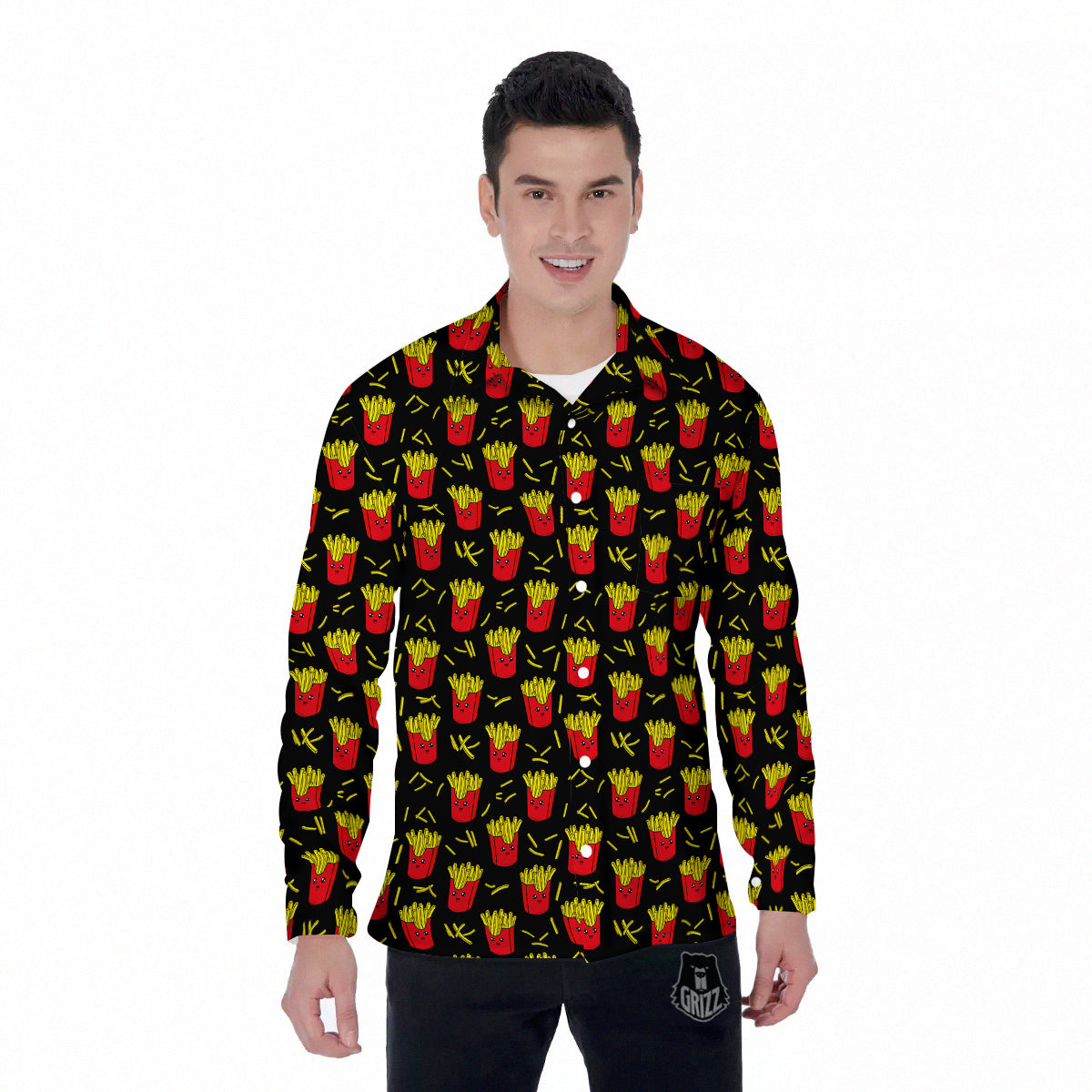 French Fries Cute Print Pattern Men's Long Sleeve Shirts-grizzshop
