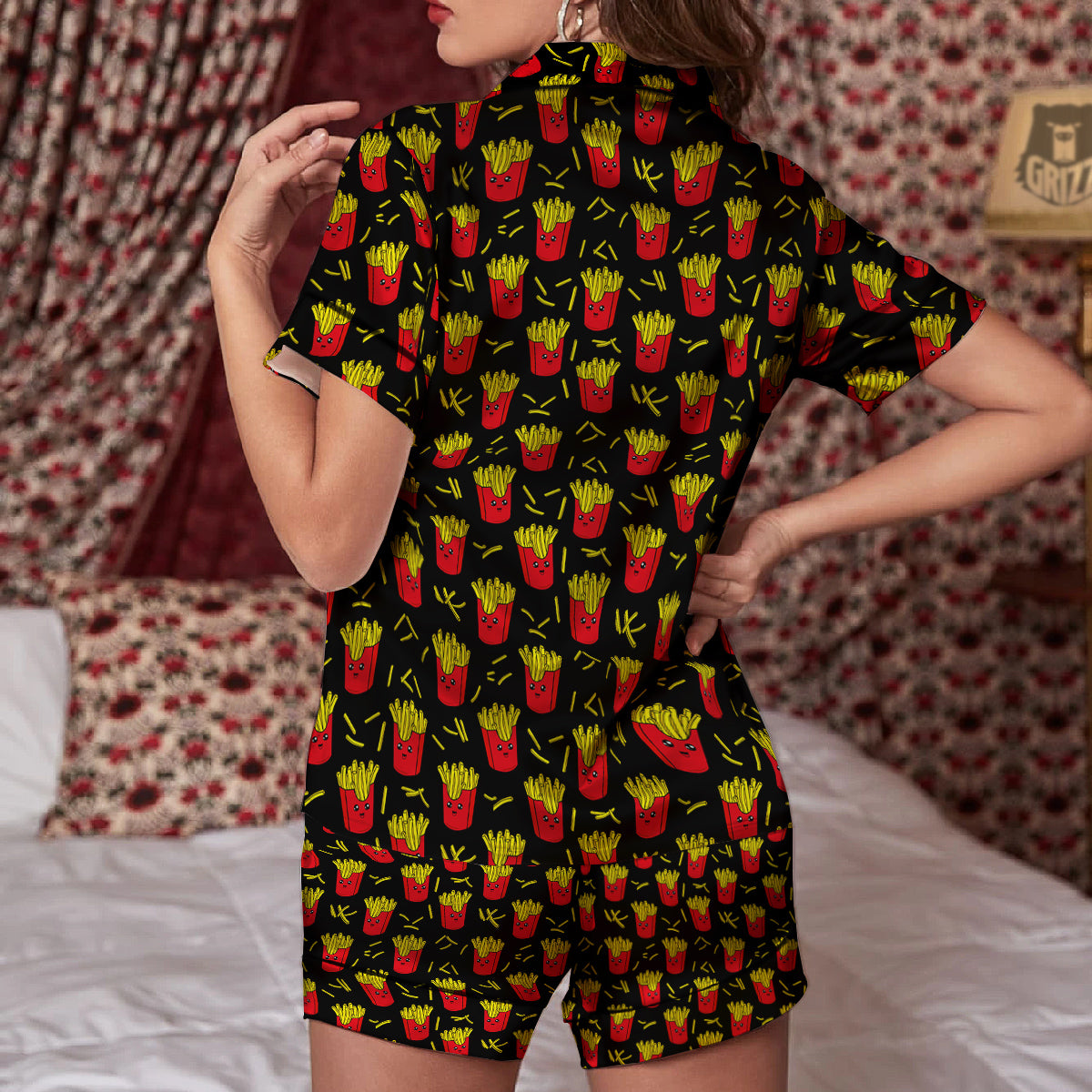 French Fries Cute Print Pattern Women Silk Pajamas-grizzshop
