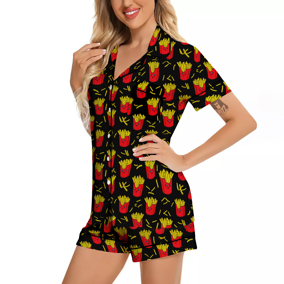 French Fries Cute Print Pattern Women Silk Pajamas-grizzshop