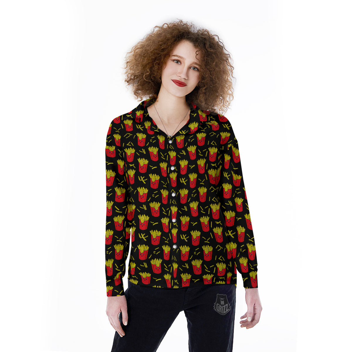 French Fries Cute Print Pattern Women's Long Sleeve Shirts-grizzshop