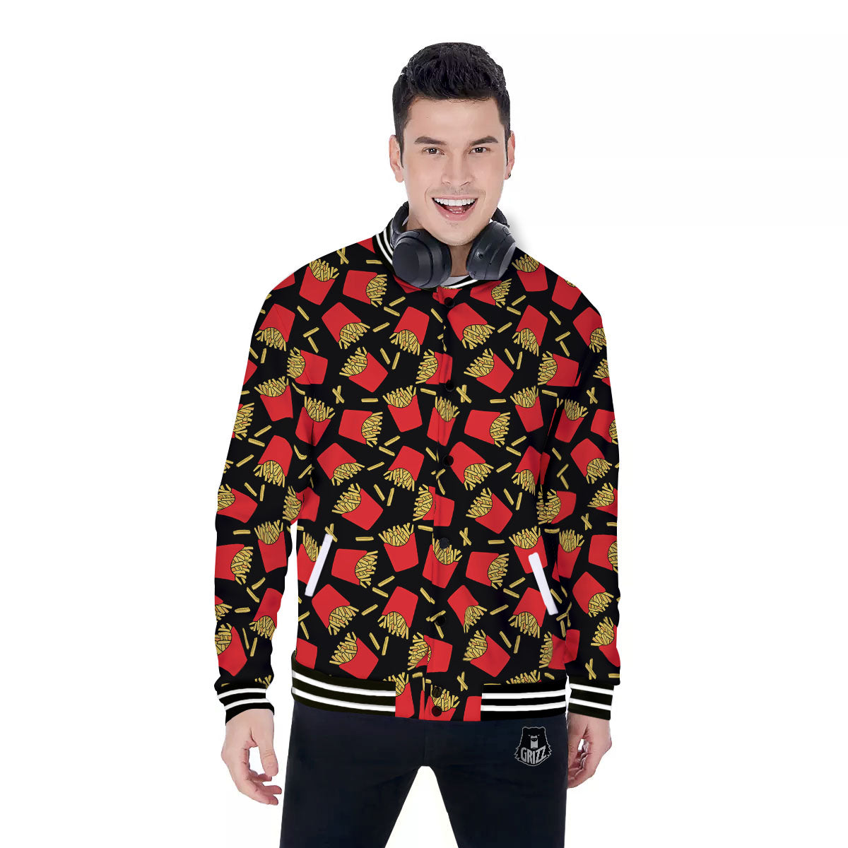 French Fries Doodle Print Pattern Baseball Jacket-grizzshop