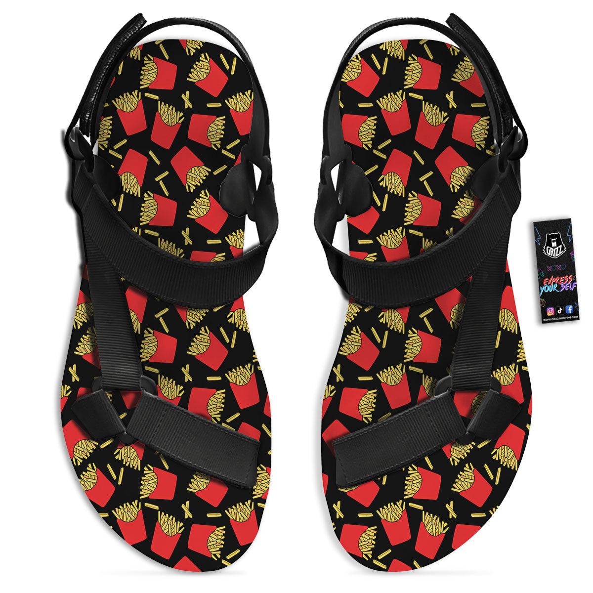 French Fries Doodle Print Pattern Black Open Toe Sandals-grizzshop