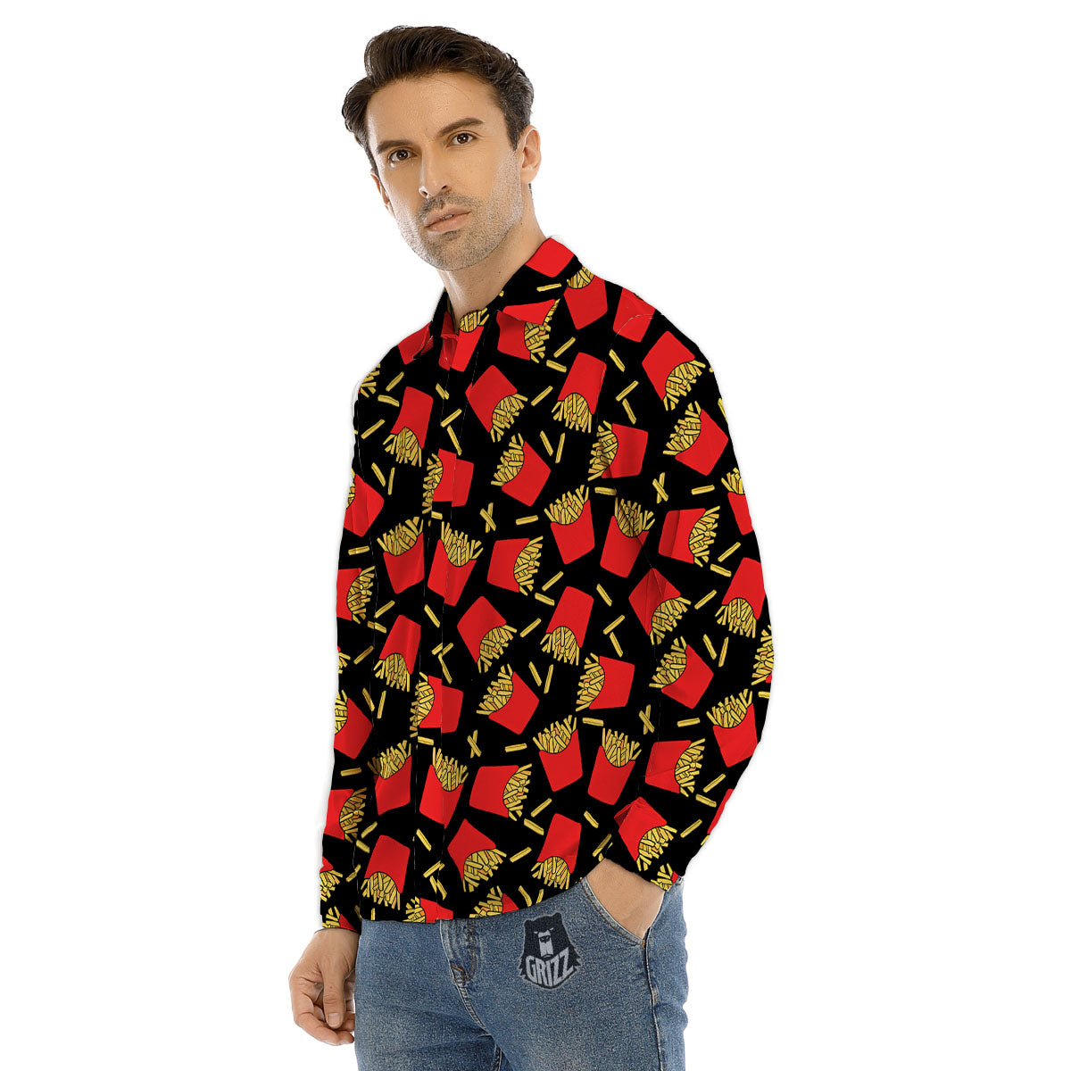 French Fries Doodle Print Pattern Men's Dress Shirts-grizzshop