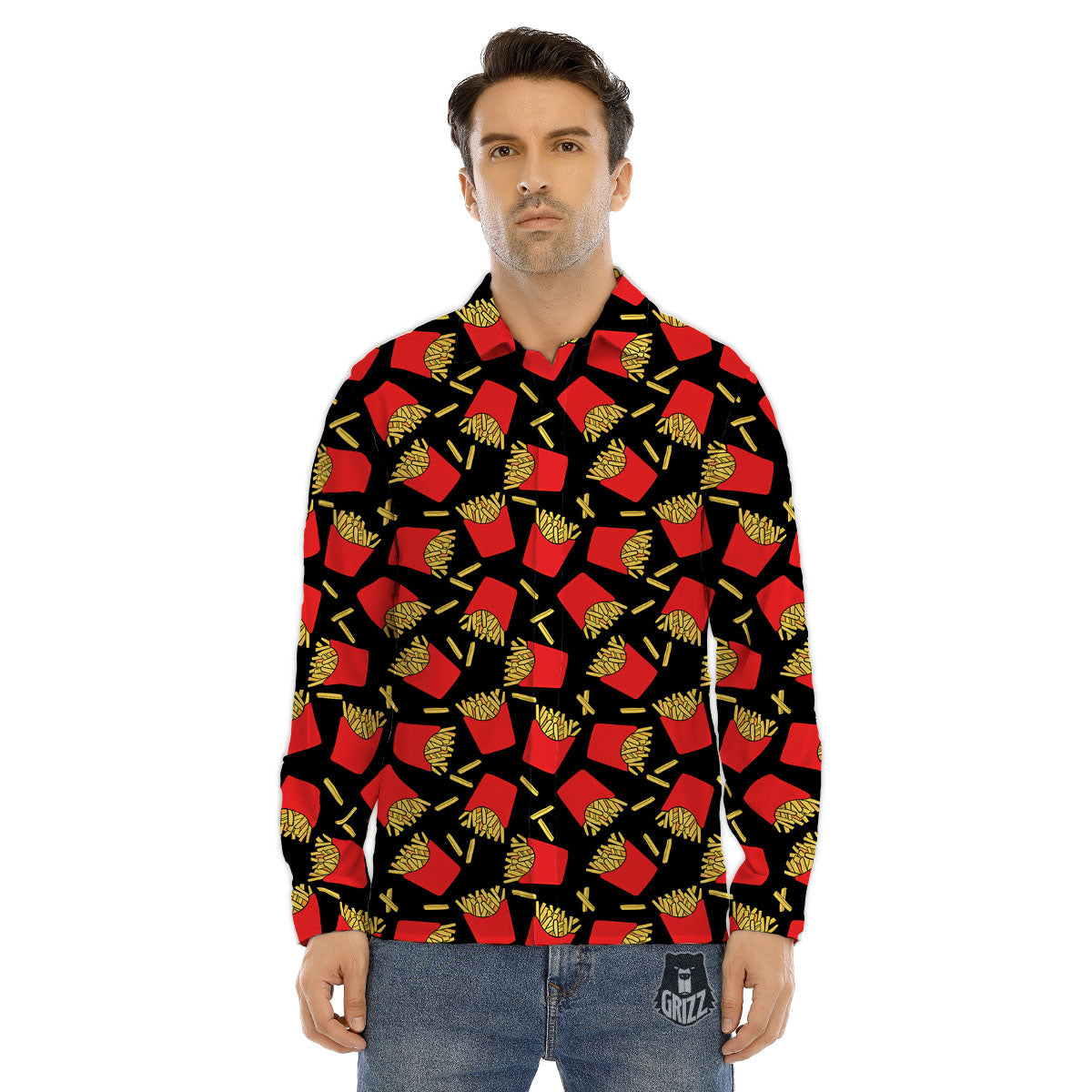 French Fries Doodle Print Pattern Men's Dress Shirts-grizzshop