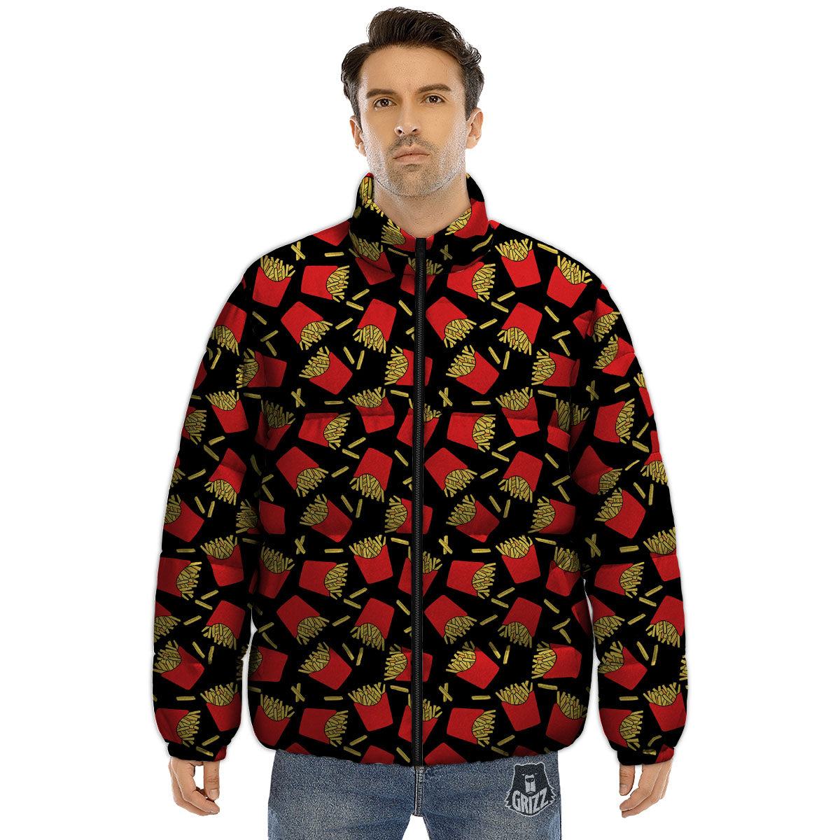 French Fries Doodle Print Pattern Puffer Jacket-grizzshop