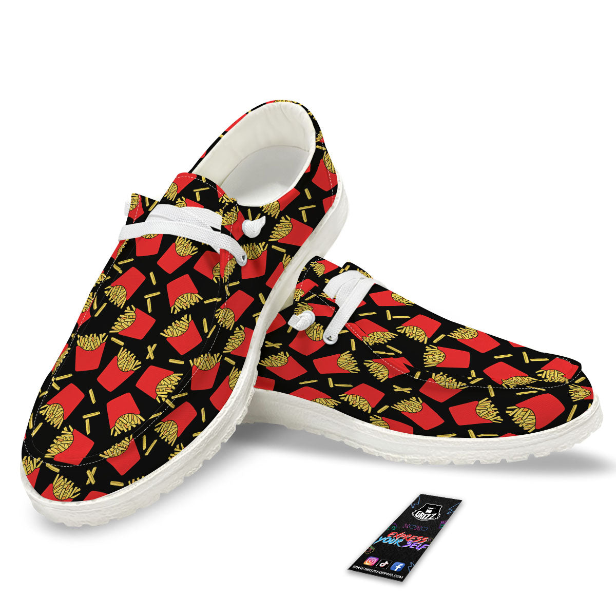 French Fries Doodle Print Pattern White Loafers-grizzshop