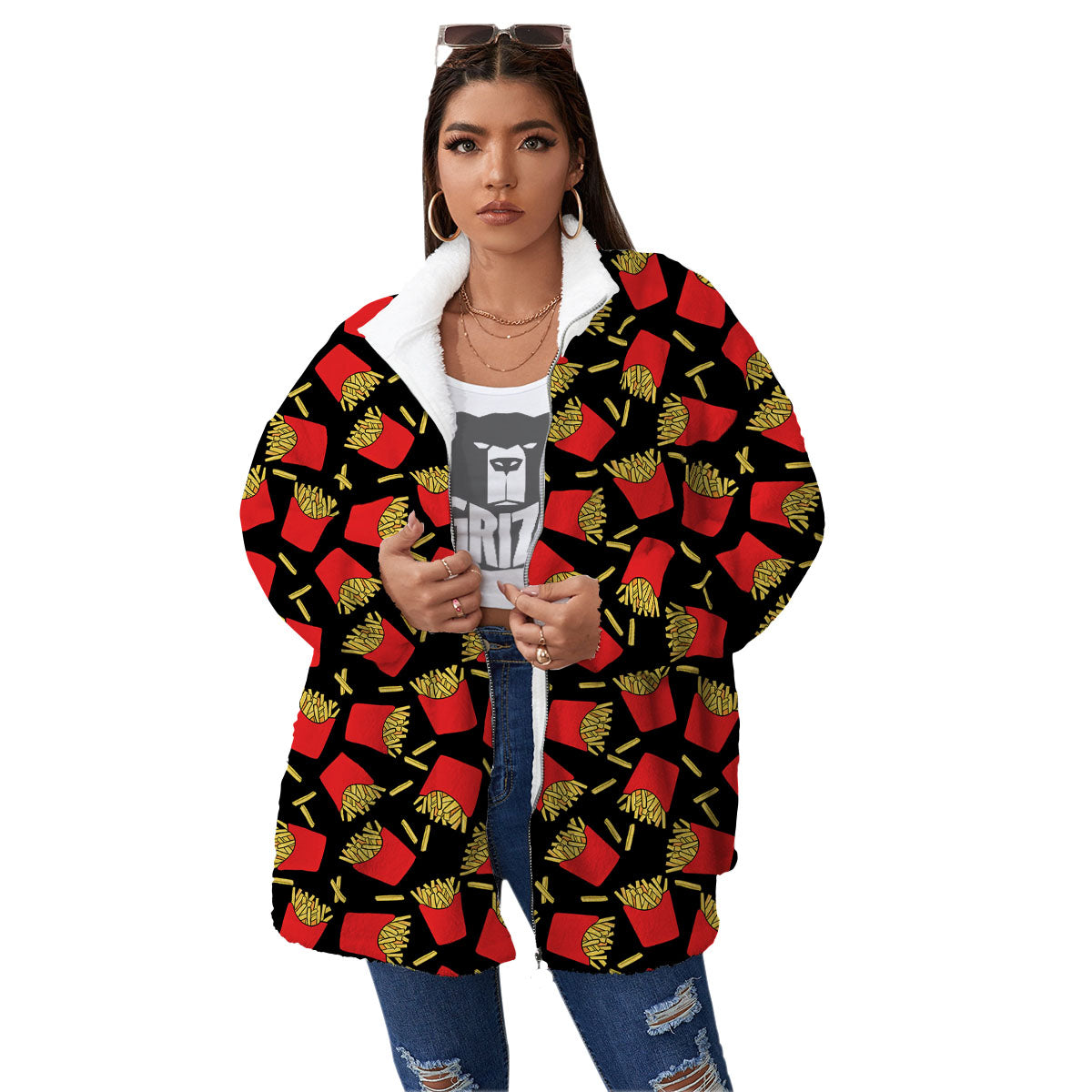 French Fries Doodle Print Pattern Women's Sherpa Jacket-grizzshop