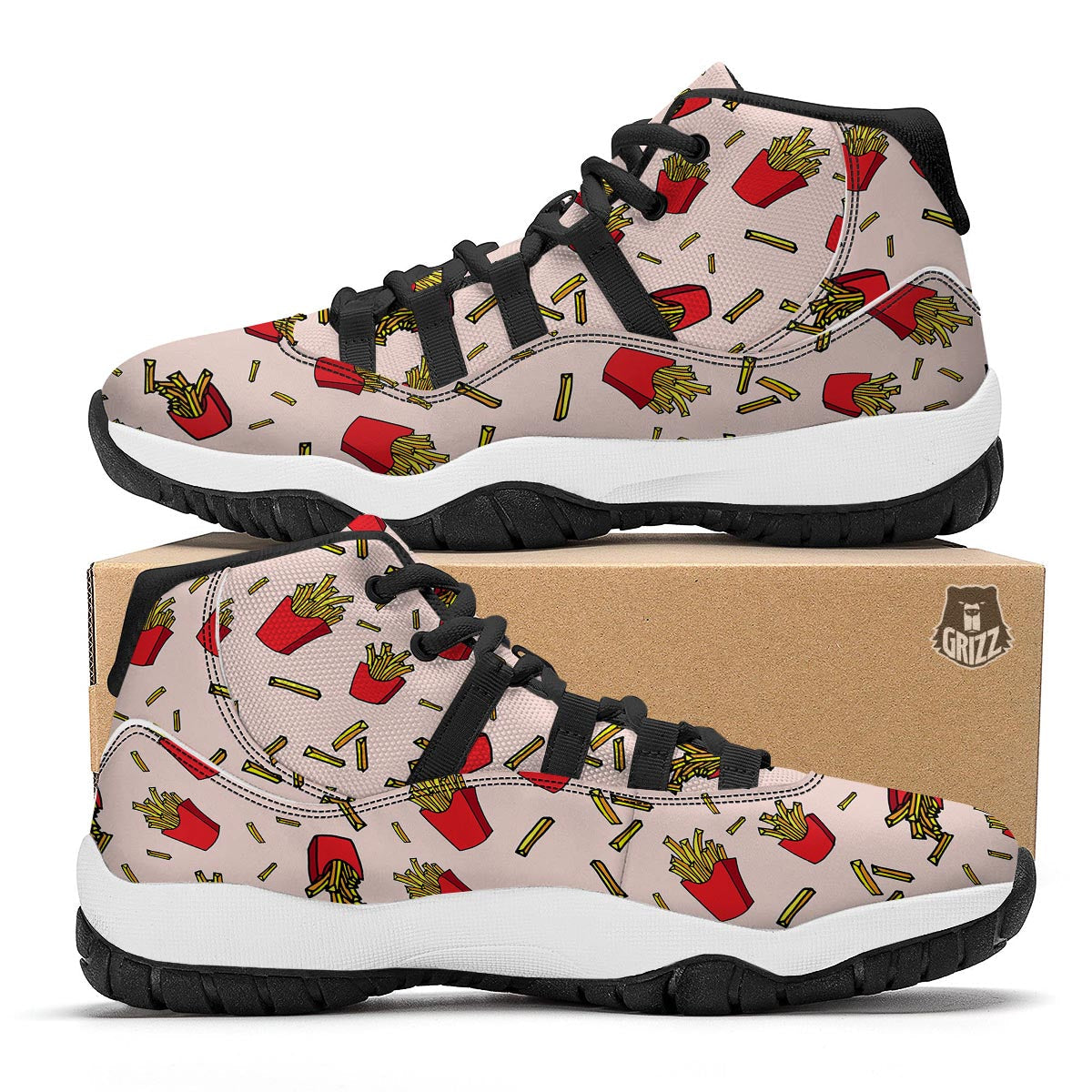 French Fries Pattern Print Black Bball Shoes-grizzshop