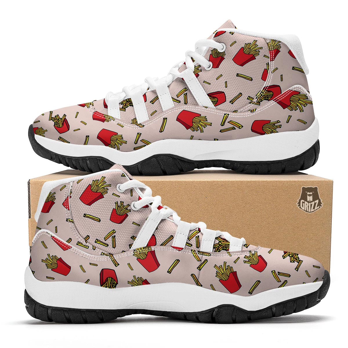 French Fries Pattern Print White Bball Shoes-grizzshop