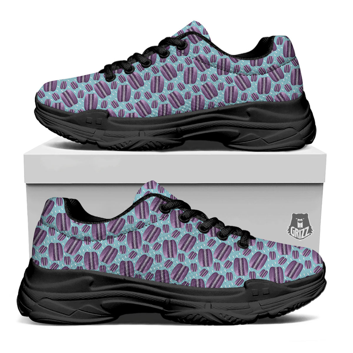 French Macarons Print Pattern Black Chunky Shoes-grizzshop