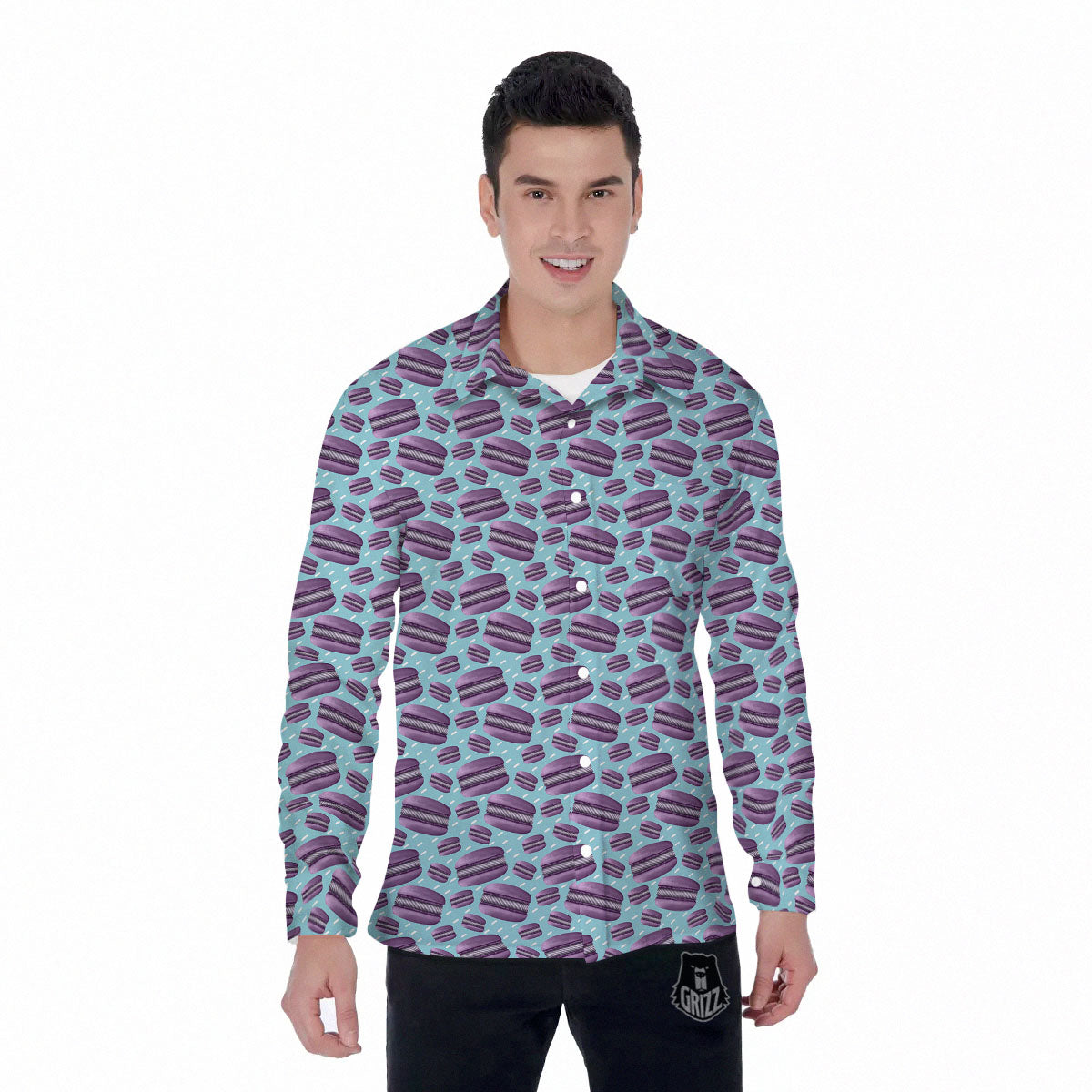 French Macarons Print Pattern Men's Long Sleeve Shirts-grizzshop