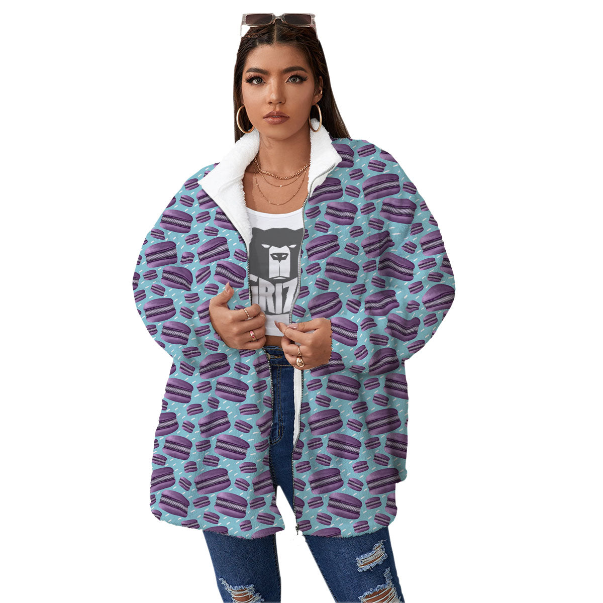 French Macarons Print Pattern Women's Sherpa Jacket-grizzshop