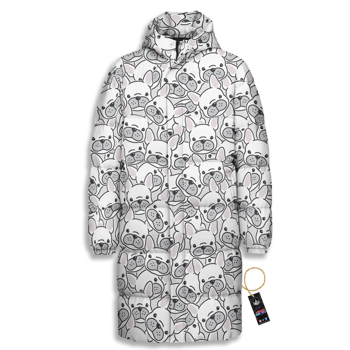 French Bulldog Cartoon Print Pattern Long Down Jacket