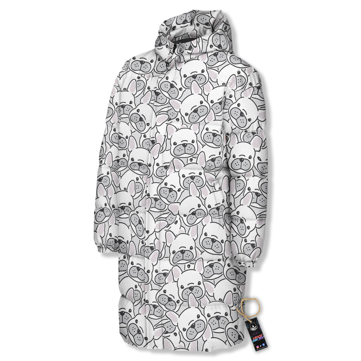 French Bulldog Cartoon Print Pattern Long Down Jacket