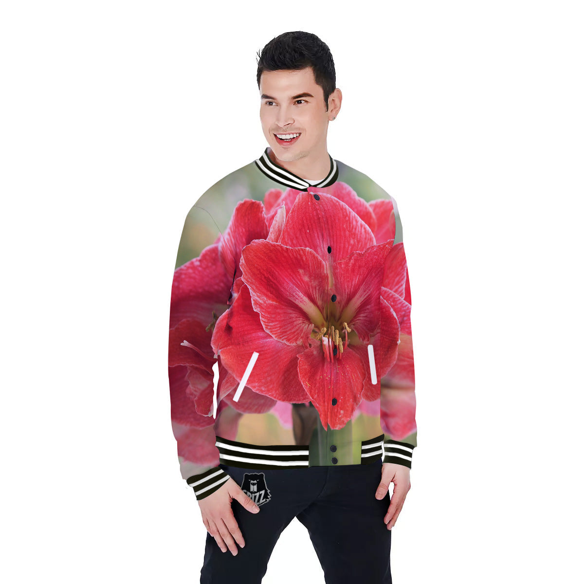 Fresh Amaryllis Print Baseball Jacket-grizzshop