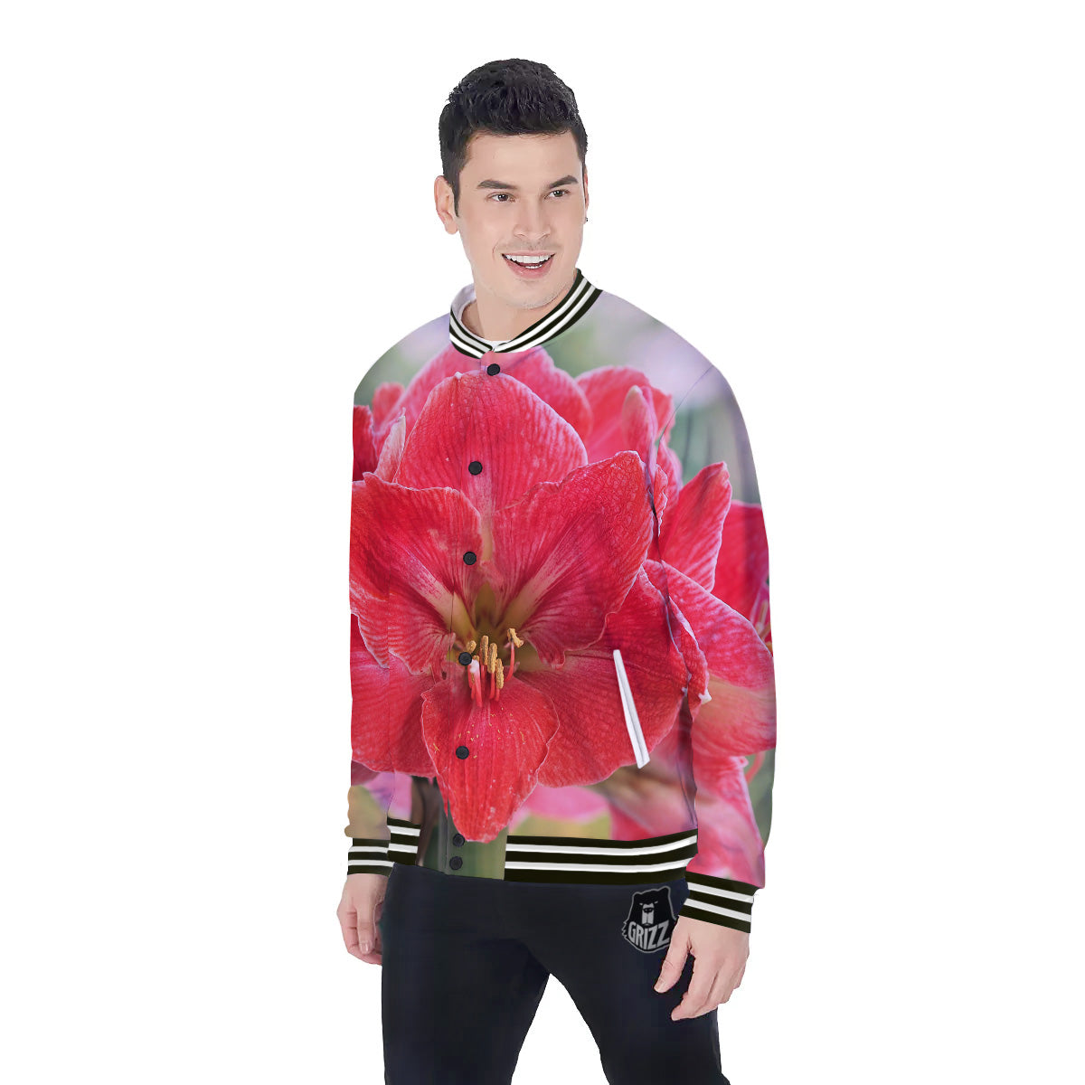 Fresh Amaryllis Print Baseball Jacket-grizzshop