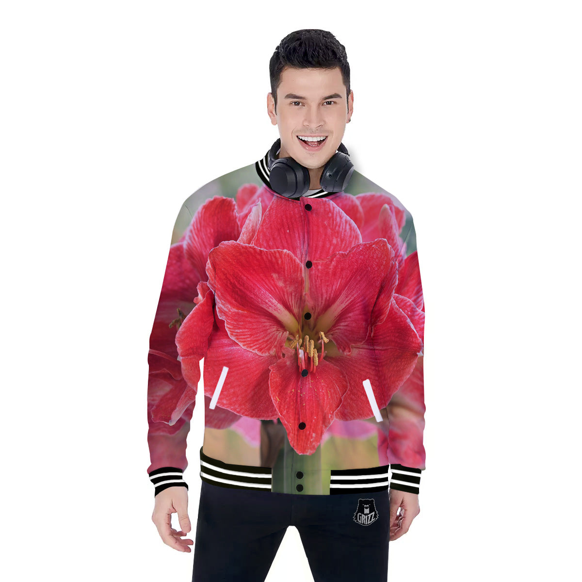 Fresh Amaryllis Print Baseball Jacket-grizzshop