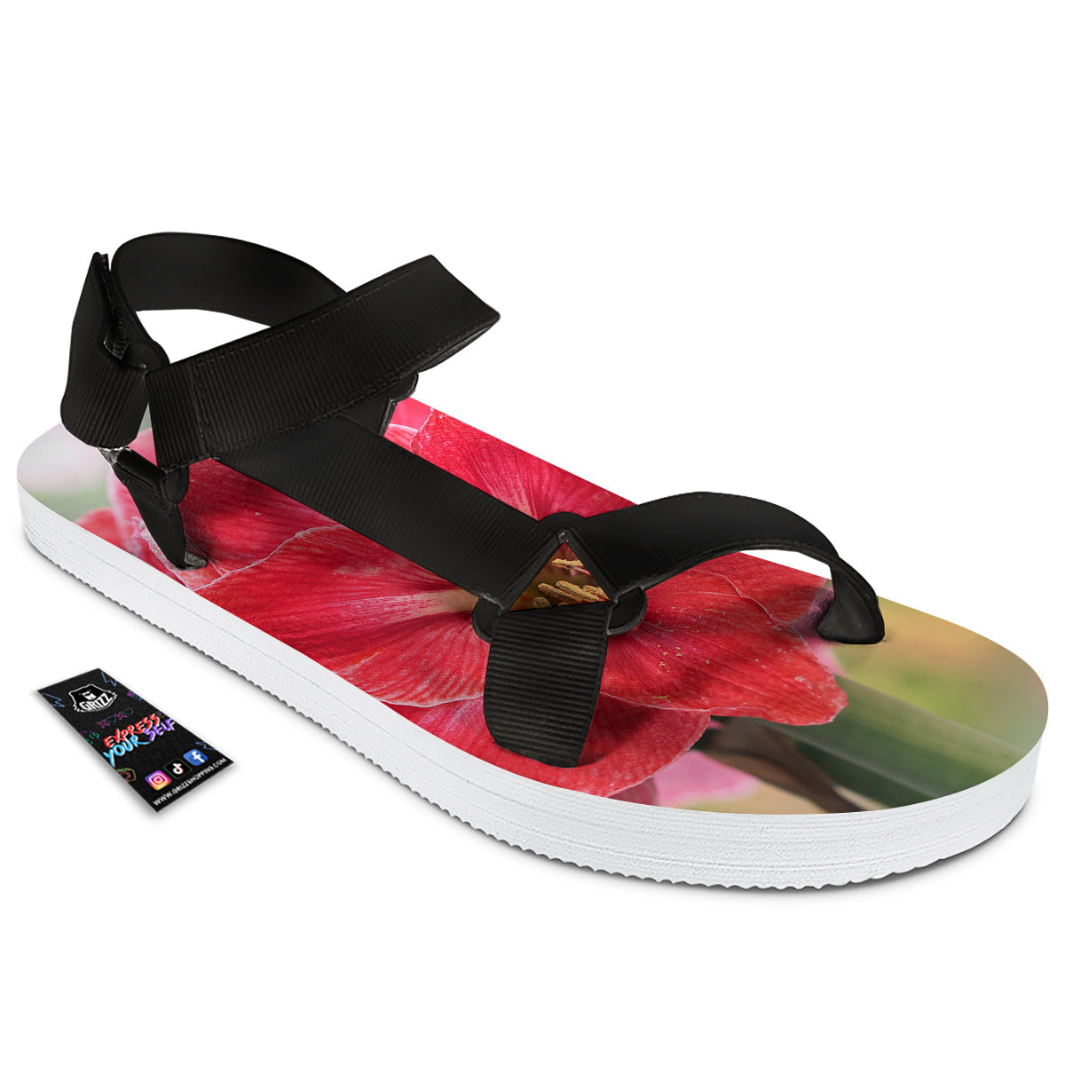 Fresh Amaryllis Print Black Open Toe Sandals-grizzshop
