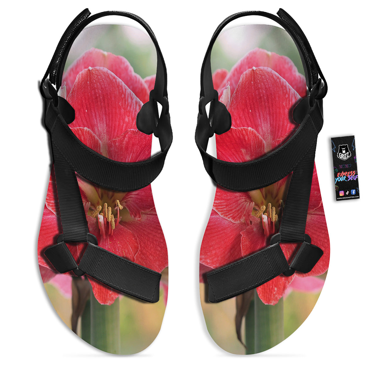 Fresh Amaryllis Print Black Open Toe Sandals-grizzshop