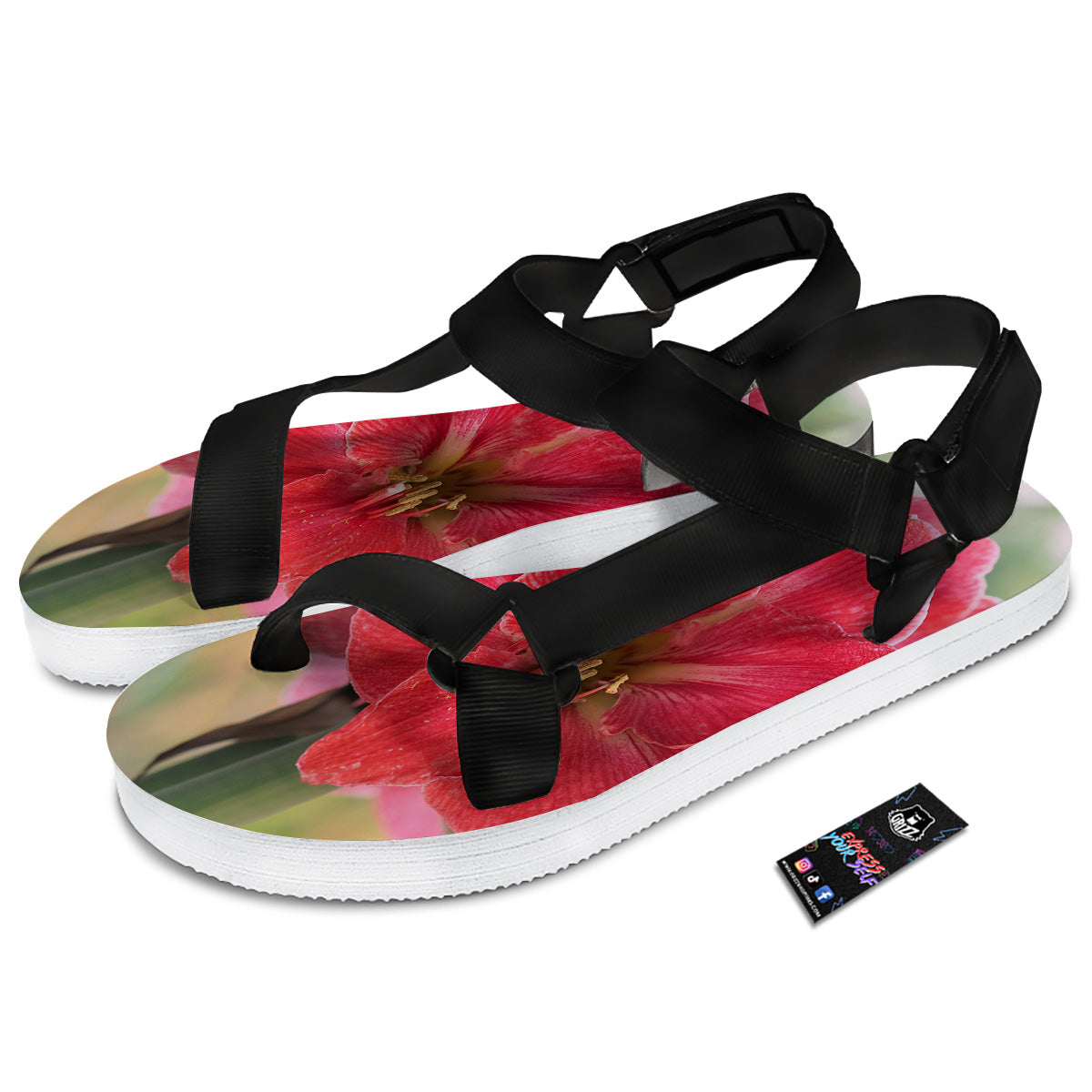 Fresh Amaryllis Print Black Open Toe Sandals-grizzshop