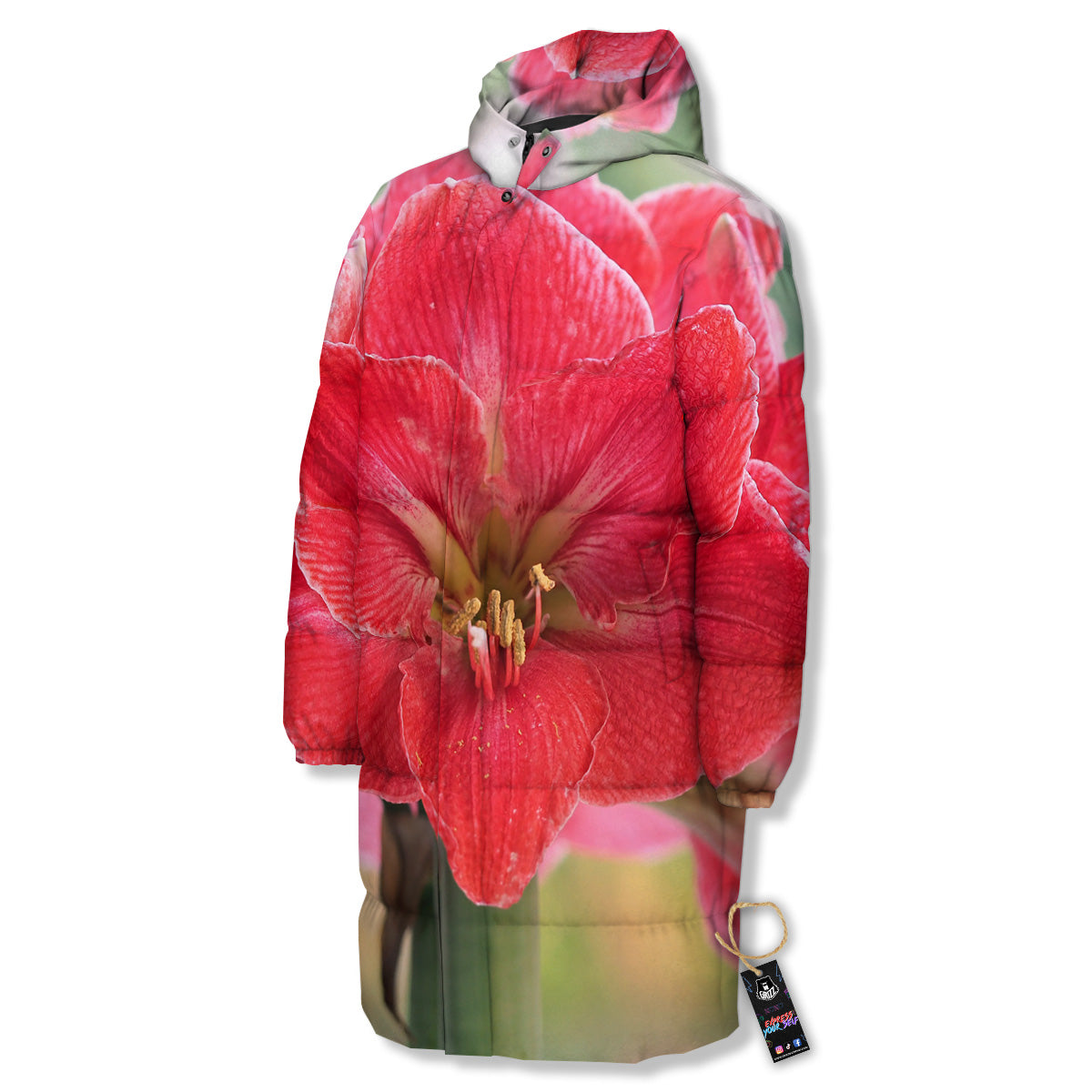 Fresh Amaryllis Print Long Down Jacket-grizzshop