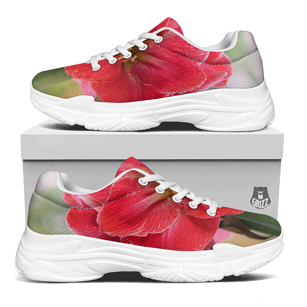 Fresh Amaryllis Print White Chunky Shoes-grizzshop