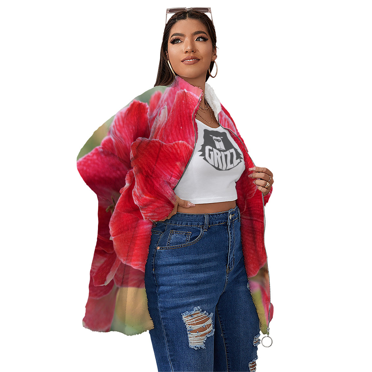 Fresh Amaryllis Print Women's Sherpa Jacket-grizzshop